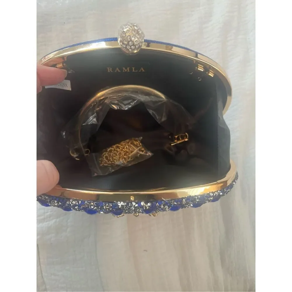 Ramla handmade Sparkling Blue Simulate Diamond Womens Clutch Handbag with strap